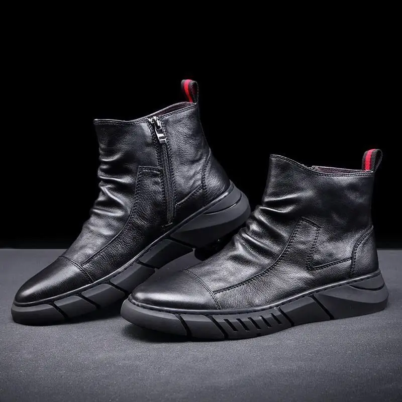 Men Snow Boots Men TPR Durable Outsole Leather Shoes New Fashion Short Plush Warm Fur Winter Boots Men's