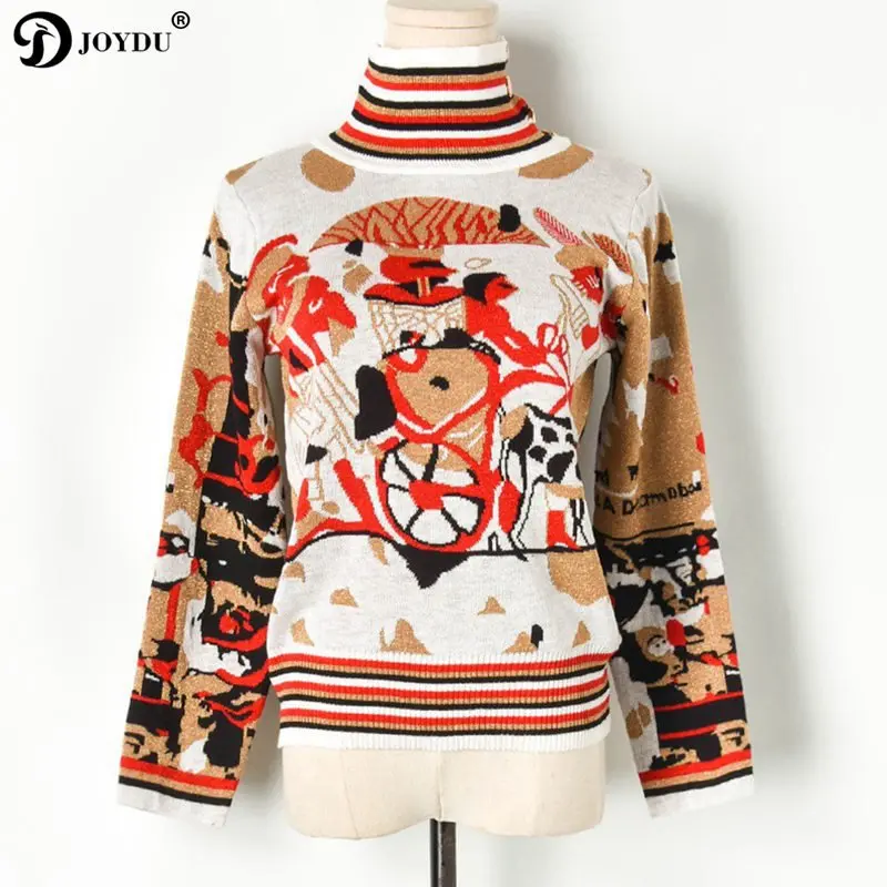 

JOYDU Retro Abstract Carriage Gold Thread Embroidery Knitted Sweater Women Winter Pullover Stripes Button Turtleneck pull femme