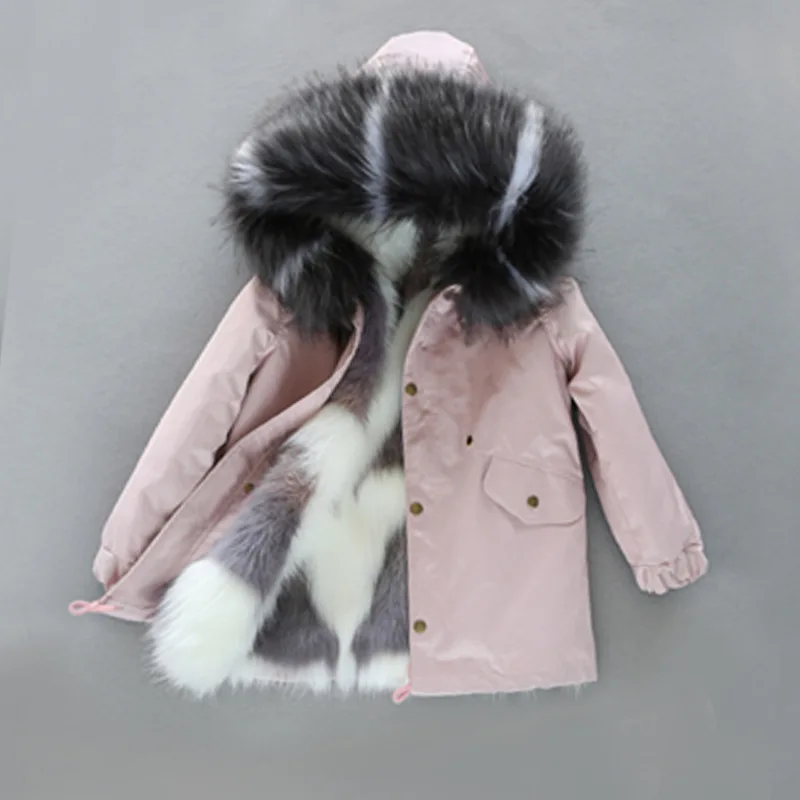 Pink Gray White 30 градусов, пальто для девочек, куртка с капюшоном и меховым Теплые куртки для мальчиков детские зимние Водонепроницаемый толстые Детские комбинезоны Подростковая зимняя одежда - Цвет: Pink Gray White