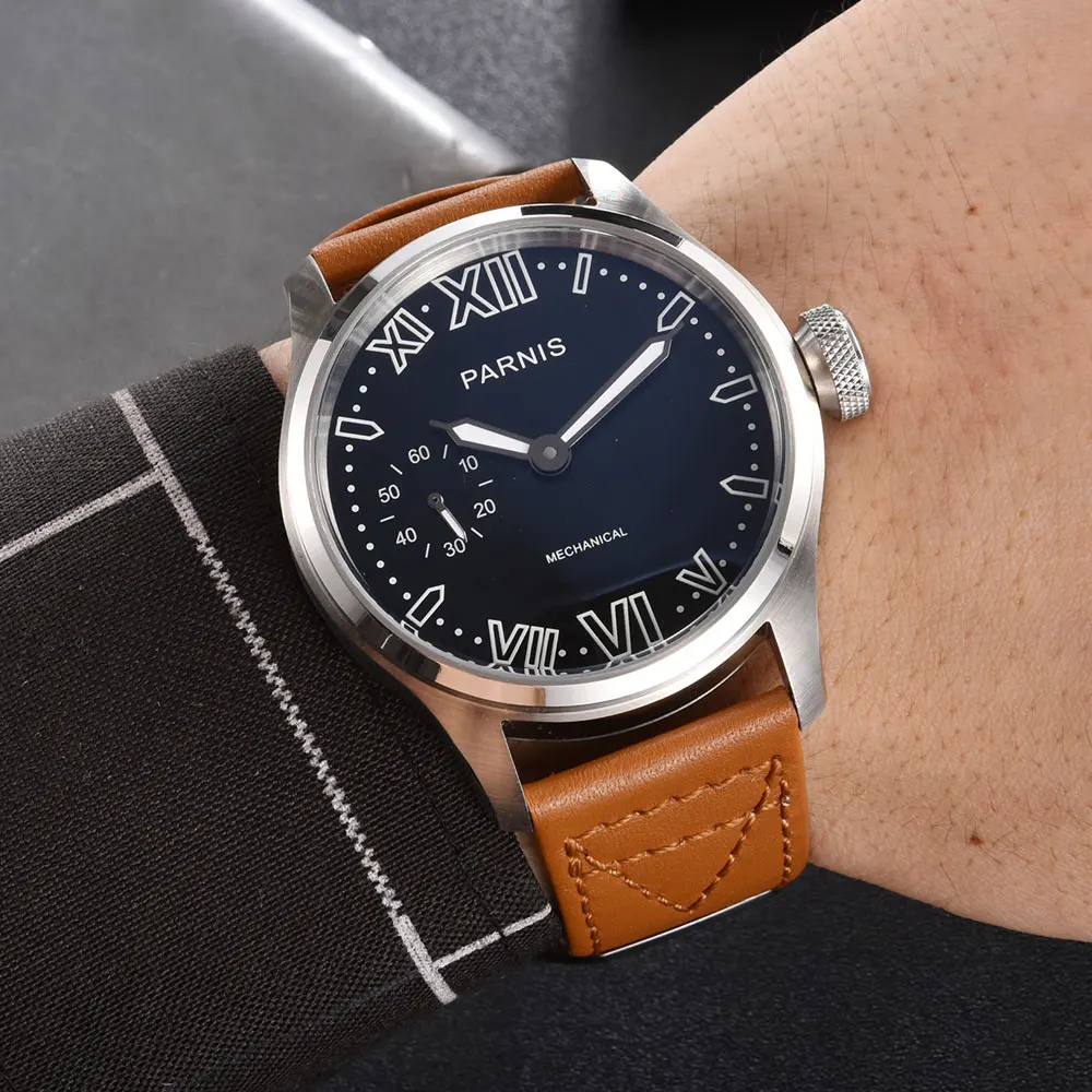 

Parnis 46mm Mechanical Hand Wind Watch Men Black Dial Luminous Waterproof Leather Strap Wristwatch Men