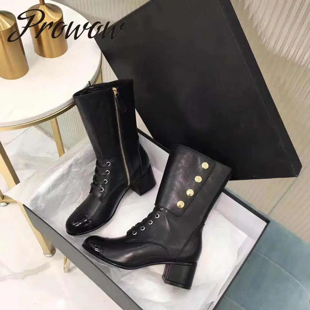

Prowow New Genuine Leather Round Toe Lace Up Winter Boots Thick Heel Low Heel Winter Spring Fashion Boots Shoes Women