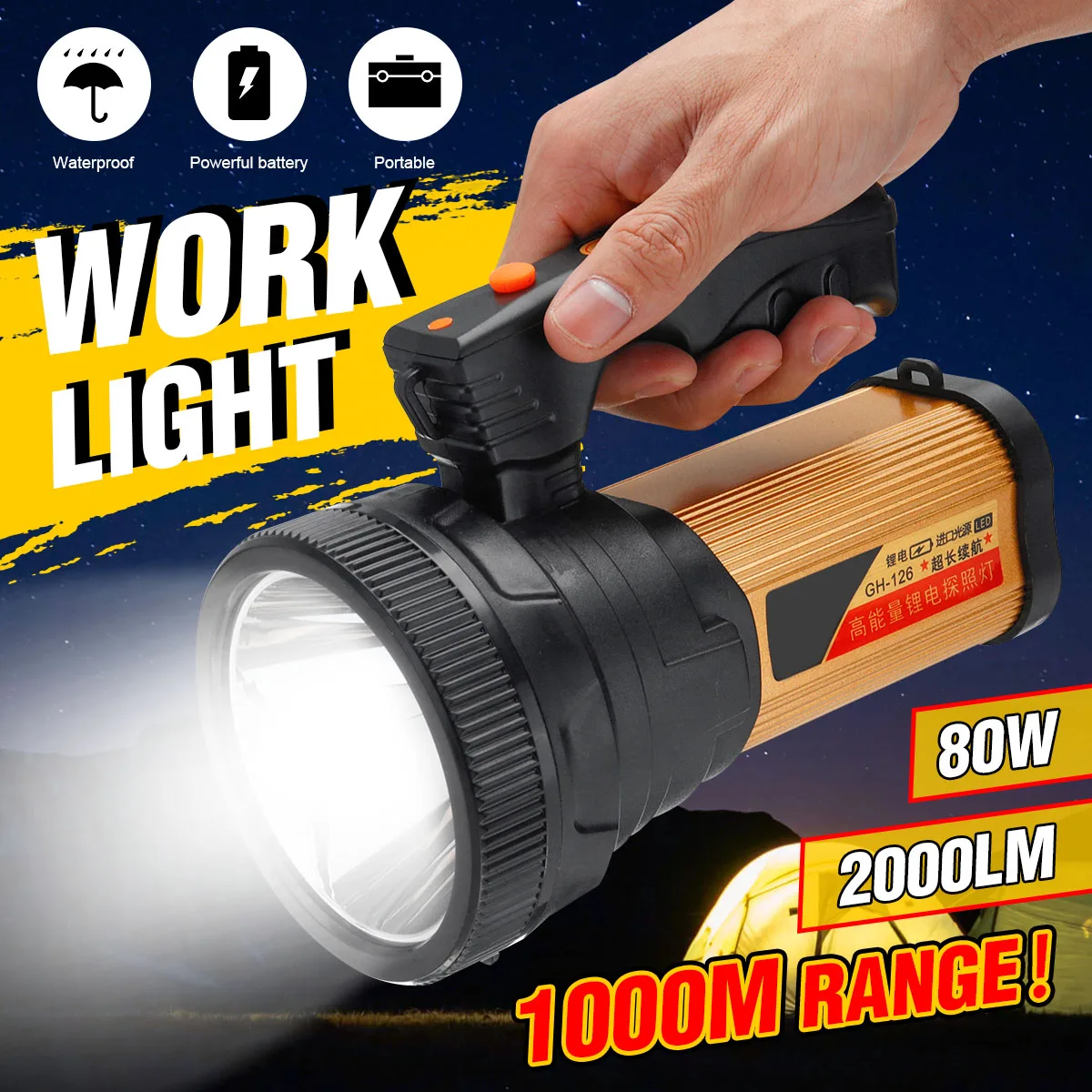 Tanie 5000MAh 2000lm 80W LED światło robocze lampa akumulatorowa led ręczna przenośna latarka reflektor latarnia na zewnątrz Camping
