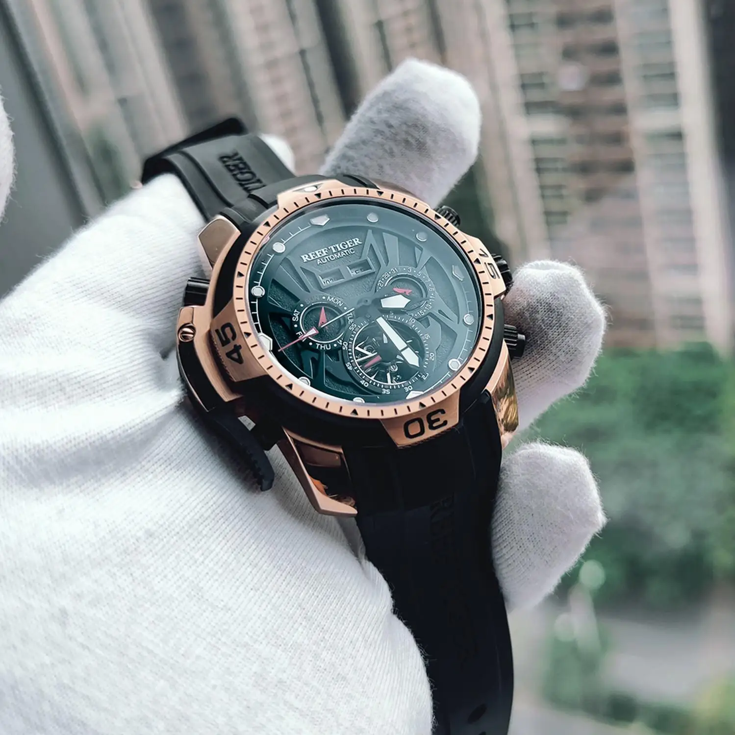 Спортивные часы Reef Tiger/RT мужские большие из розового золота водонепроницаемые