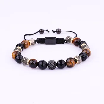 New Design Brown Tiger Eye Black Onyx Cubic Zironia Ball Beaded Macrame Adjustable Bracelet Men Jewelry Gift