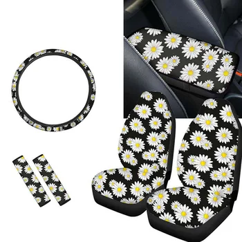 

6PCS/Set Universal Fits Car Seat Covers Daisy Flower Printed Durable Auto Steering Cover Protection Set Seat Protector