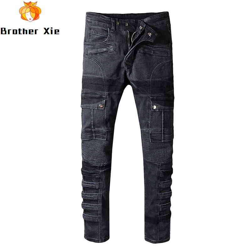 

Hi Street Men's Black Motorcycle Jeans Skinny Pleated Cargo Jeans Brand Urban Cotton Jeans for Male R2562