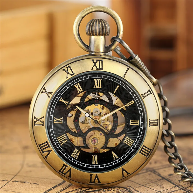 Bronze/Silver/Black Carving Roman Numerals Design Mechanical Hand-Winding Pocket Watch for Men Women Pendant Chain Clock Gift