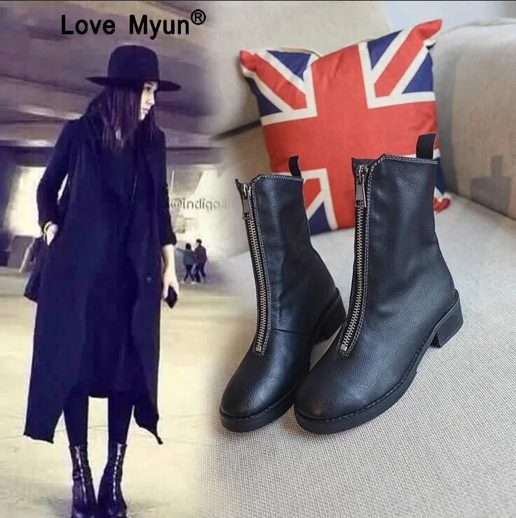 

Spring Autumn Women New Fashion Round head Front zipper low heel boots Black Martin shoes Waterproof shoes fgyh