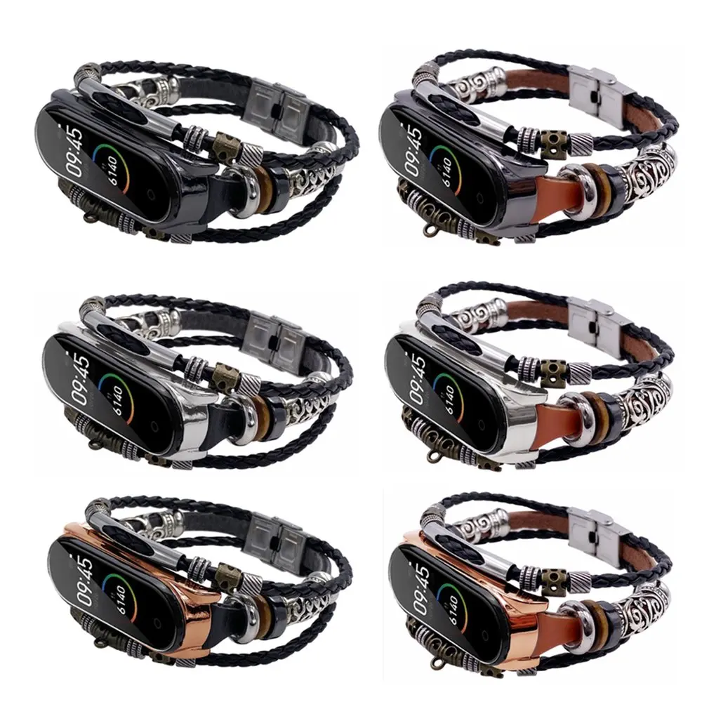 

For Mi Band 4/5 Bracelet Retro Genuine Leather Wristband Strap for Xiaomi Mi Band 4/5 Accessory Metal Case Watchband for MiBand