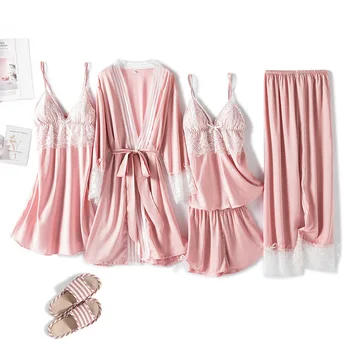 

Wepbel 2020 Five-Piece Sexy Lace Pajamas Women's Spring Nightgown Plus Size Strap Ice Silk Set with Chest Pad Leisure Pajama Set