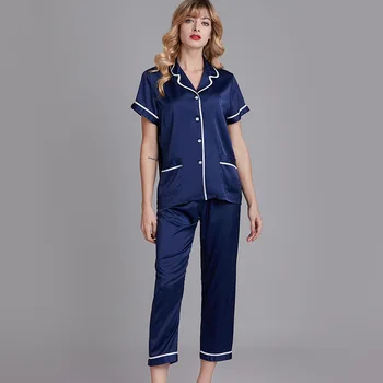 

Lovers Nightgown 2PCS Sleep Set Female Satin Shirt&Pants Casual Sleepwear Pajamas Spring Summer New Nightwear Intimate Lingerie