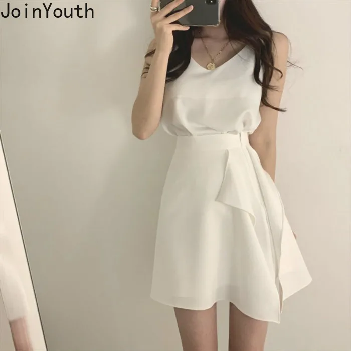

Joinyouth 2020 Summer Women 2PCS Suits V-neck Sling Vest + High Wiasr Irregular Skirt Korean Fashion Two Pieces Sets 59145
