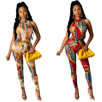 

2020 Summer New Casual Suit European and American Women's Sexy Printed Voile Weskit Pants Two-Piece Set