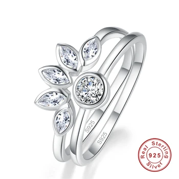 

100% 925 Sterling Silver Lovely Flower Shape White CZ Finger Rings for Women 2pcs Engagement Fine Jewelry S925 Gift