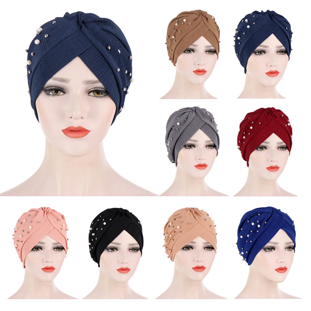 

Muslim Women Ruffle Beads Turban Hat Hijabs Head Scarf Hair Loss Banadans Cancer Chemo Beanie Caps Headwear Headwrap Cover India