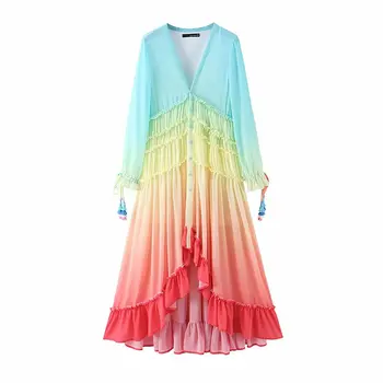 

Women's irregular dress new style fashion seaside resort style gradient color lace hem irregular long-sleeved dress skirt