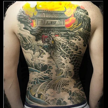 

Super large size temporary tattoo dragon carp fish black grey fake tattoos sticker on full chest back body art water transfer