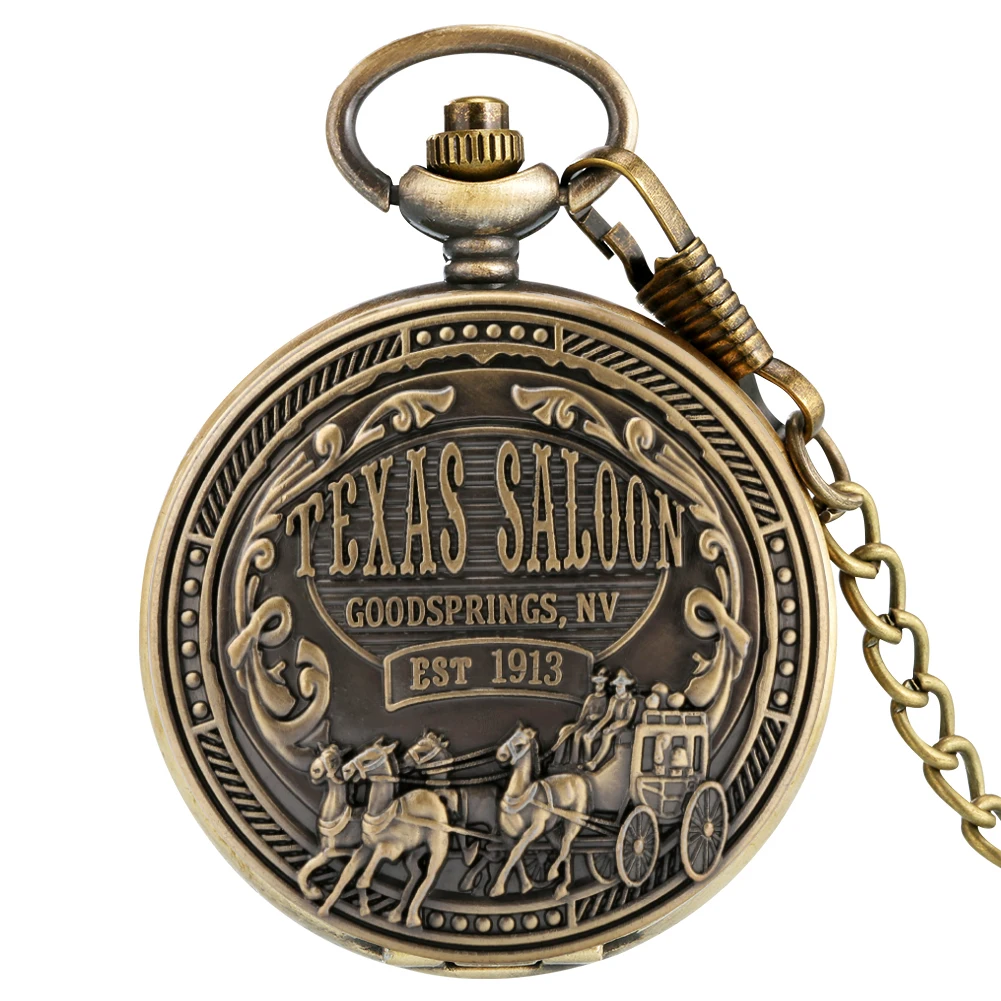 

Retro Bronze Pocket Watch Texas Saloon Goodsprings,nv Pattern White Quartz Dial Chic Back Cover Slim Chain Pendant Men Women
