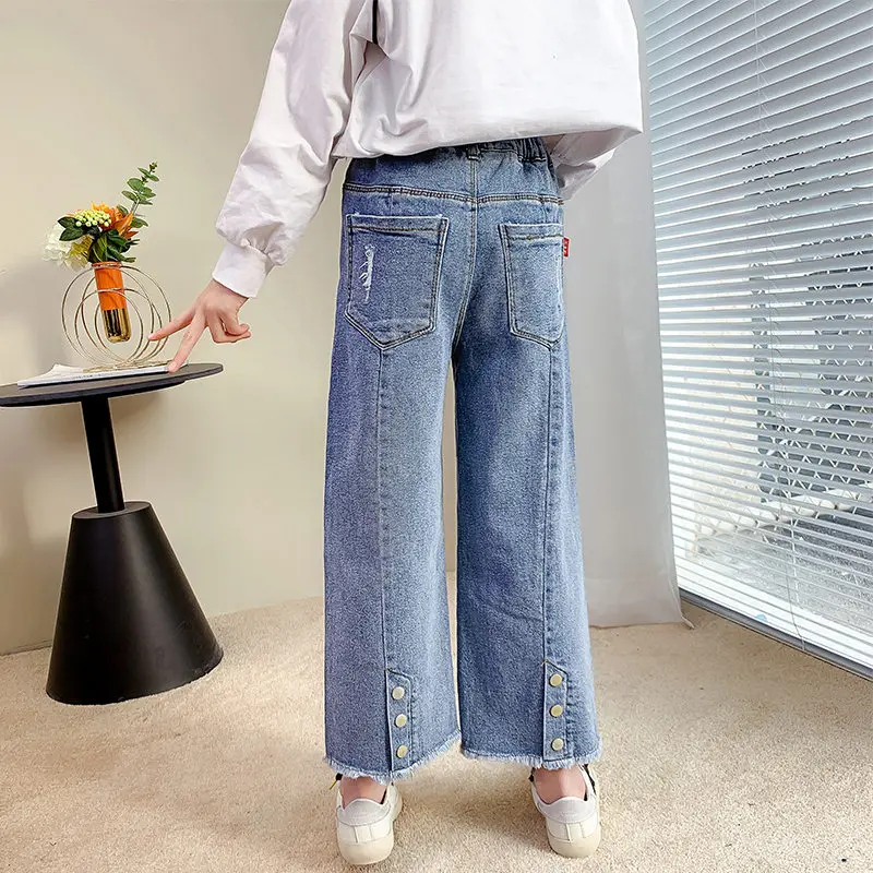 Jeans larghi per bambini alla moda per ragazze pantaloni a vita alta in  cotone per bambini pantaloni in Denim con bottoni a fessura laterale per  bambini dai 4 ai 13 anni|Jeans| - AliExpress