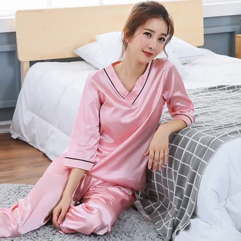 

Imitation Silk V-neck Pajamas Ladies Sexy Spring Summer Simple Pure Color Middle Sleeve Breathable Home Leisure Sleepwear Set