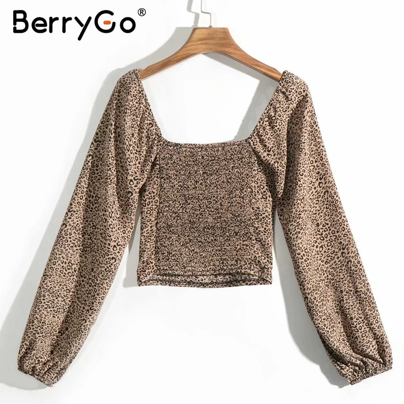 BerryGo, Ретро стиль, леопардовая расцветка, блузка, рубашка, женские плиссированные Короткие топы, рубашки, элегантные, с длинным рукавом, v-образный вырез, осенние женские топы