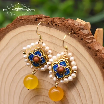 

GLSEEVO Natural Pearl Original Design Vintage Drop Earring For Women Wedding New Ethnic Cloisonne Dangle Earrings Jewelry GE0980
