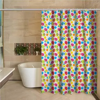 

Easter Professional Shower Curtain Cartoon Style Baby Chicken and Colorful Eggs with Little Daisy Blossoms and Zigzag Decorative