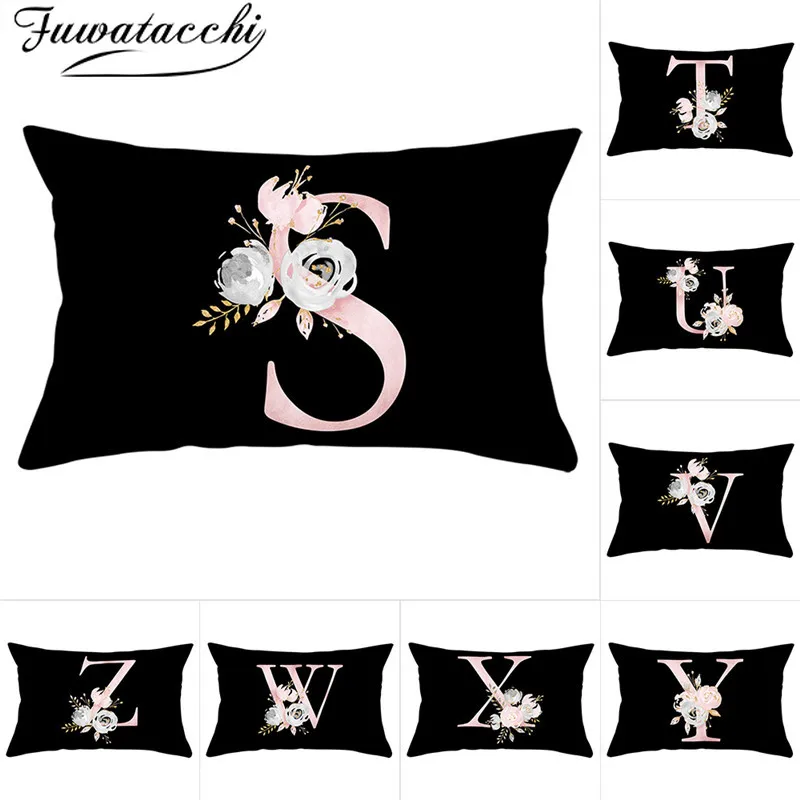 

Fuwatacchi 26 Alphabet Flower Throw Pillowcase for Home Decorative Pillows Covers Black Pink Rectangle Cushion Cover 30*50cm