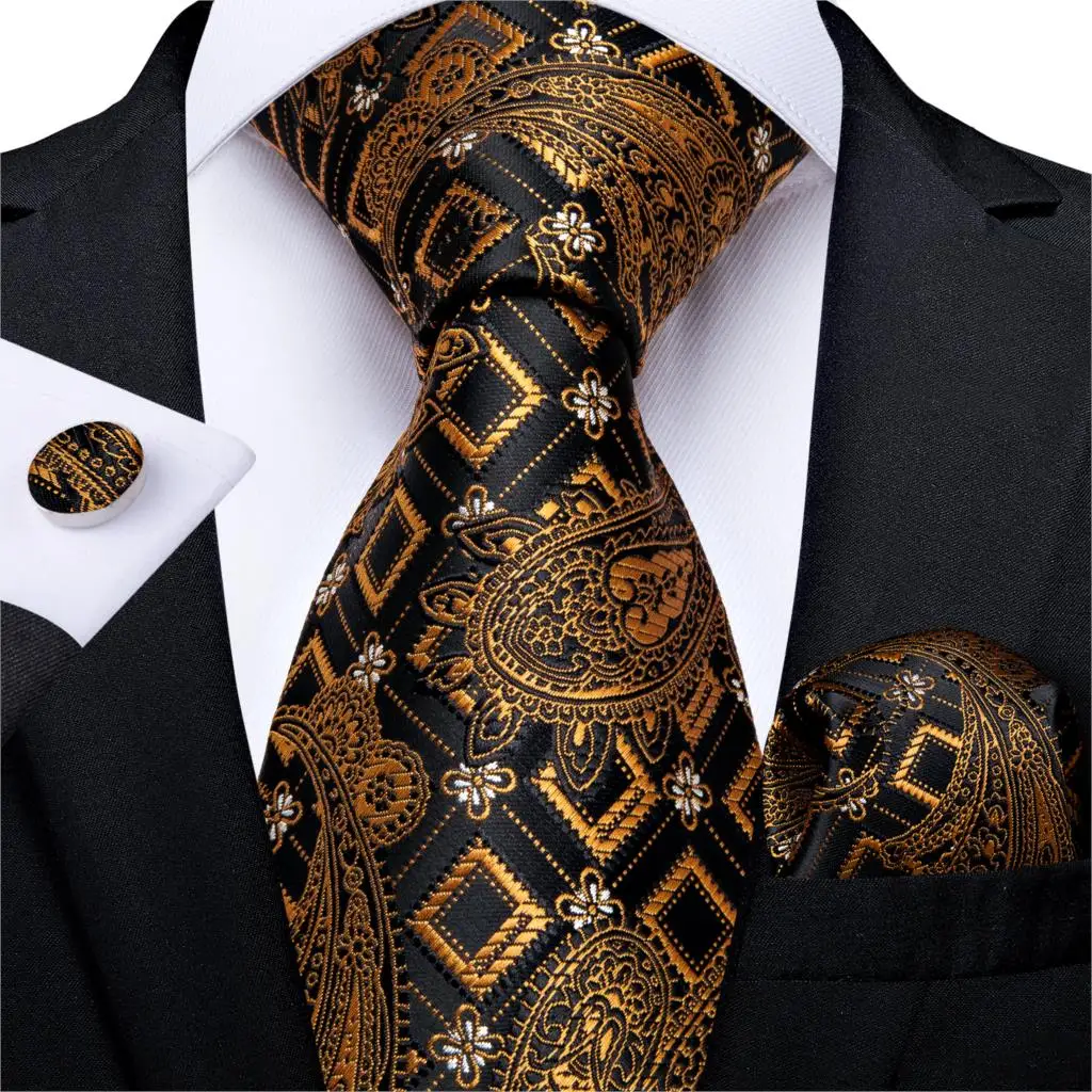 Gift Men Tie Gold Black Striped Paisley Silk Wedding Tie For Men DiBanGu Design Hanky Cufflink Quality Set neck tie