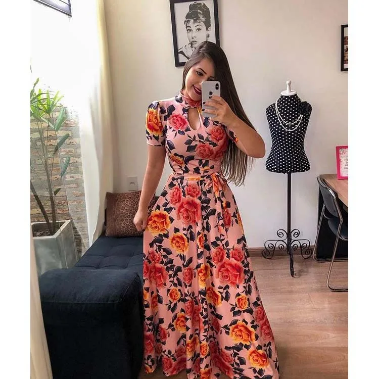 Women Summer Dress Casual Short Sleeve Long Dress Boho Floral Print Maxi Dress Turtleneck Bandage Elegant Dresses Vestido