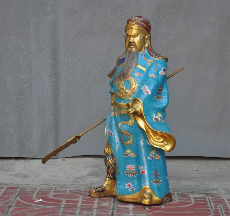 Свадебные украшения бронзовые Перегородчатые Эмаль позолоченный Guan Gong Yu воин Бог Дракон держать нож статуя