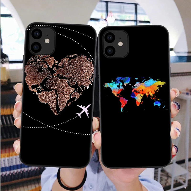 

Luxury Popular Planes Map Designs Phone Case for iPhones 11 Pro Max XR X Xs Max 8 7 6s 6 Plus travel Silicone Cases Black Cover