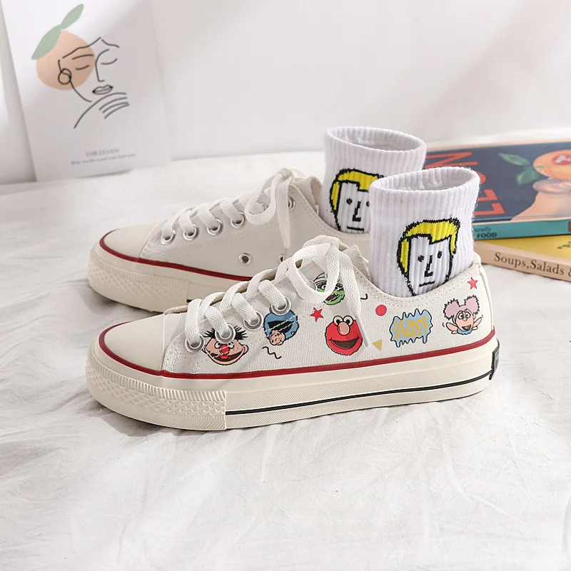 

Shoes Women Spring Summer 2019 New Canvas Girls Students Sesame Street Cartoon Korean Edition Ins Style White Black Yellow Shoe
