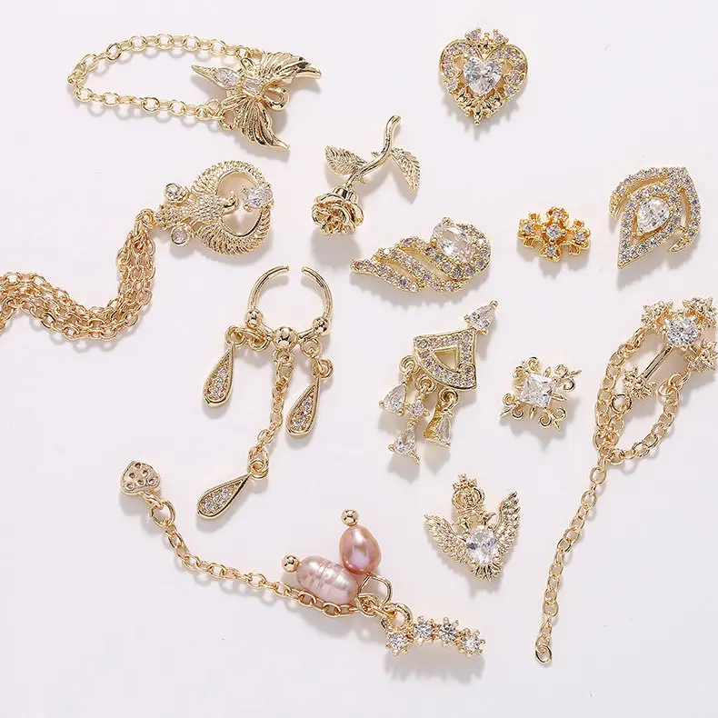 5pcs Pendant Chain 3D Alloy Nail Art Micro-inlay Zircon Pearl metal manicure nail accessories DIY Nail Decoration Nail charms
