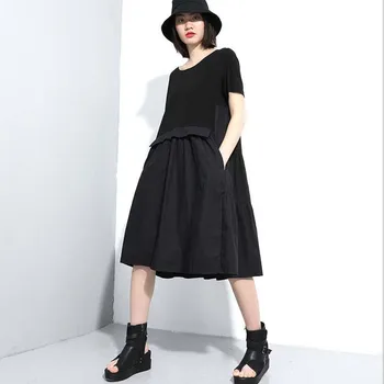 

Johnature New Fashion Streetwear Solid Color Black Dresses 2020 Summer O-neck Short Sleeve Loose Pockets Women Dress