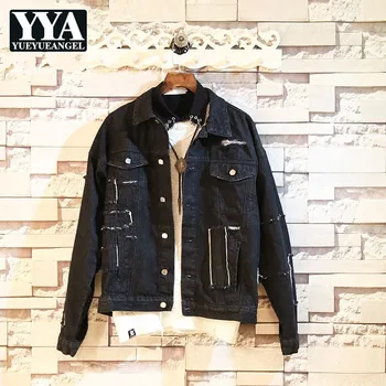 

2020 New Mens Hole Ripped Denim Jacket Spliced Printed Casual Hip Hop Jeans Coat Streetwear Loose Fit Tops Male Harajuku Jackets