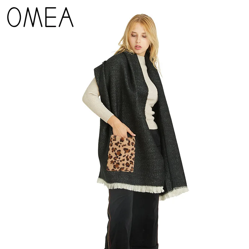 

OMEA Women Scarf with Pocket Solid Color Winter Scarf with Leopard Print Pocket Ponchos for Female Winter Women Shawl Blanket
