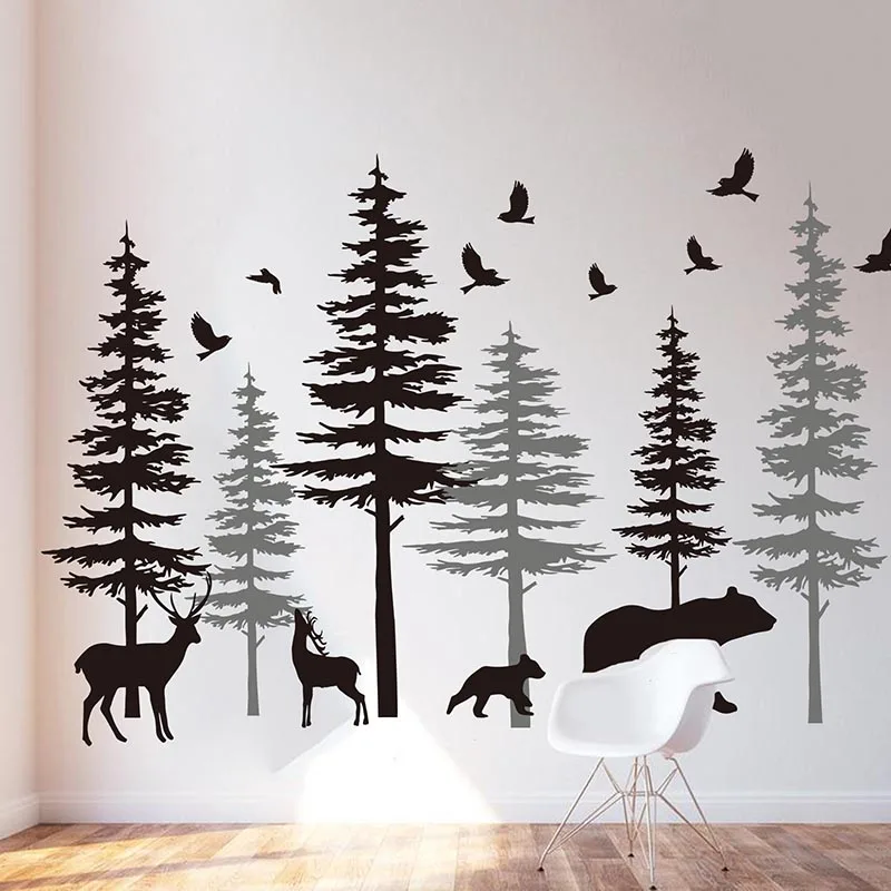 Huge Pine Tree Jungle Animal Wall Sticker Living Room Playroom Forest Tree Woodland Bear Deer Bird Wall Decal Bedroom Vinyl  (3)