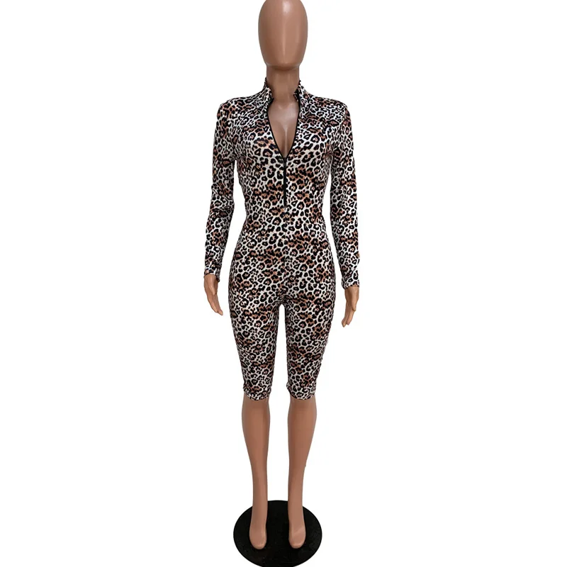 NORMOV Leopard V Neck Front Zipper Jumpsuits Women Sexy Long Sleeve Playsuits Casual Autumn Bandage Skinny Playsuit