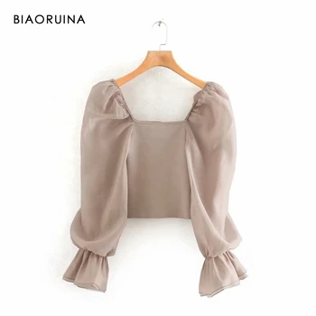 

BIAORUINA Women's Organza Pink Transparent Slash Neck Short Shirt Spliced Ruffle Flare Sleeve Female Summer Sweet Blouse Tops