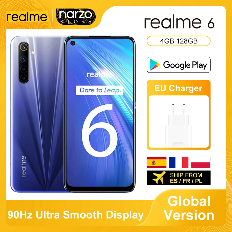 Versión global Realme 6 Smartphone 4GB 128GB 6.5 Pantalla 90Hz 64MP Cámara trasera cuádruple Helio G90T 4300mAh 30W Carga