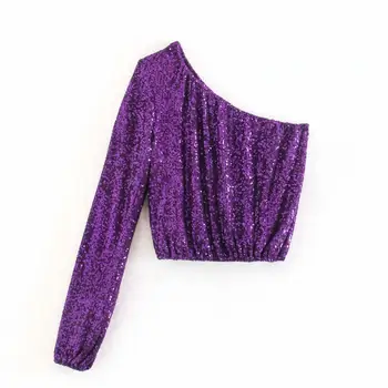 

2020 Women Sexy Asymmetric Single shoulder Sequins Shinny Short Shirts Female Club Party Roupas Leisure Blouse Chic tops LS6177