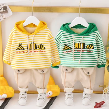 

Boys clothes cotton autumn striped sweater suit boys cartoon print hooded top trousers leisure sports baby two-piece suit