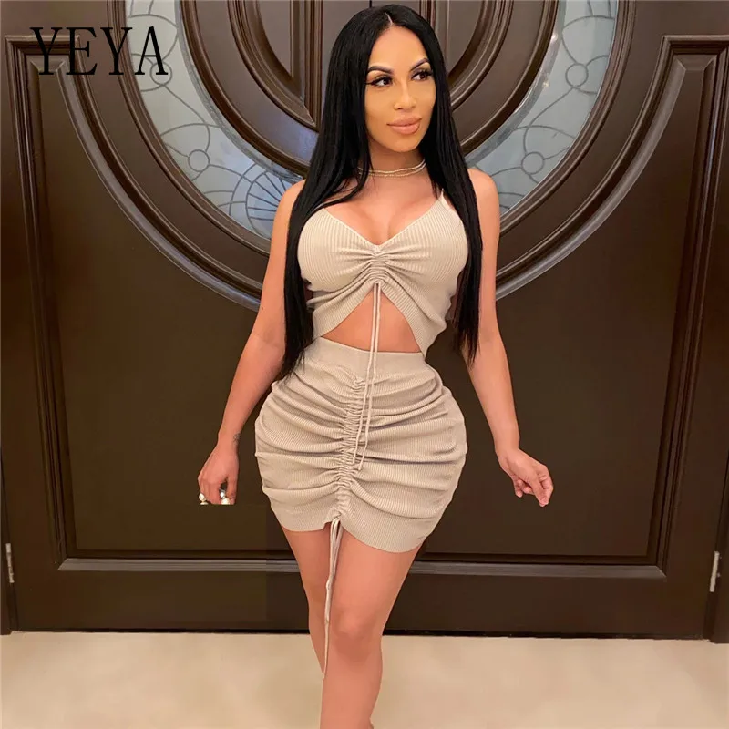

YEYA V Neck Crop Drawstring Pleated Top Ruched Bodycon Mini Skirt Sexy Suit Solid Knitted 2 Piece Set Spaghetti Straps Dress