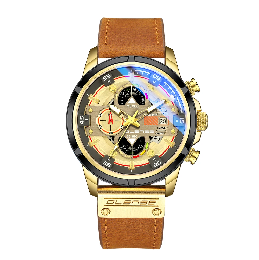 2021 Mens Genuine Leather Watches Blue Light Glass Multifunction Quartz Watch Military Waterproof Date Chronograph Clock 