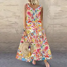 Летний Пляжный сарафан без рукавов для женщин Bohemiam цветочное длинное платье с принтом Femme Maxi Vestido Mujer кафтан жилет платья больших размеров