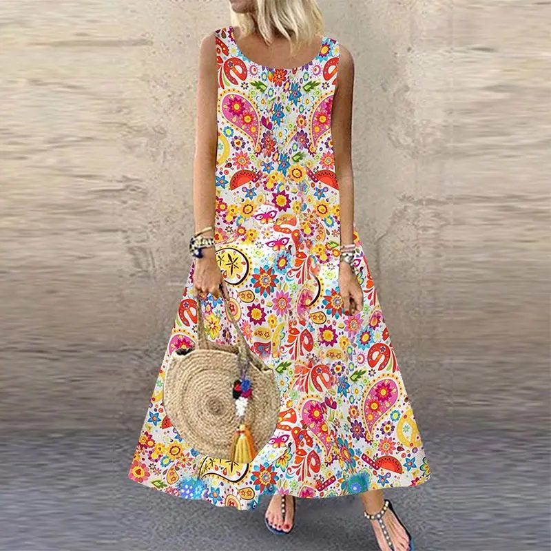 

Summer Sleeveless Beach Sundress Women Bohemiam Floral Printed Long Dress Femme Maxi Vestido Mujer Kaftan Vest Dresses Plus Size