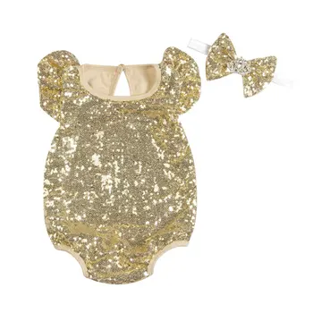

Bodysuits Sequined Climbing Clothes Romper Headband 2 Sets of Children's Clothing One-piece New Baby Bag Fart Clothing