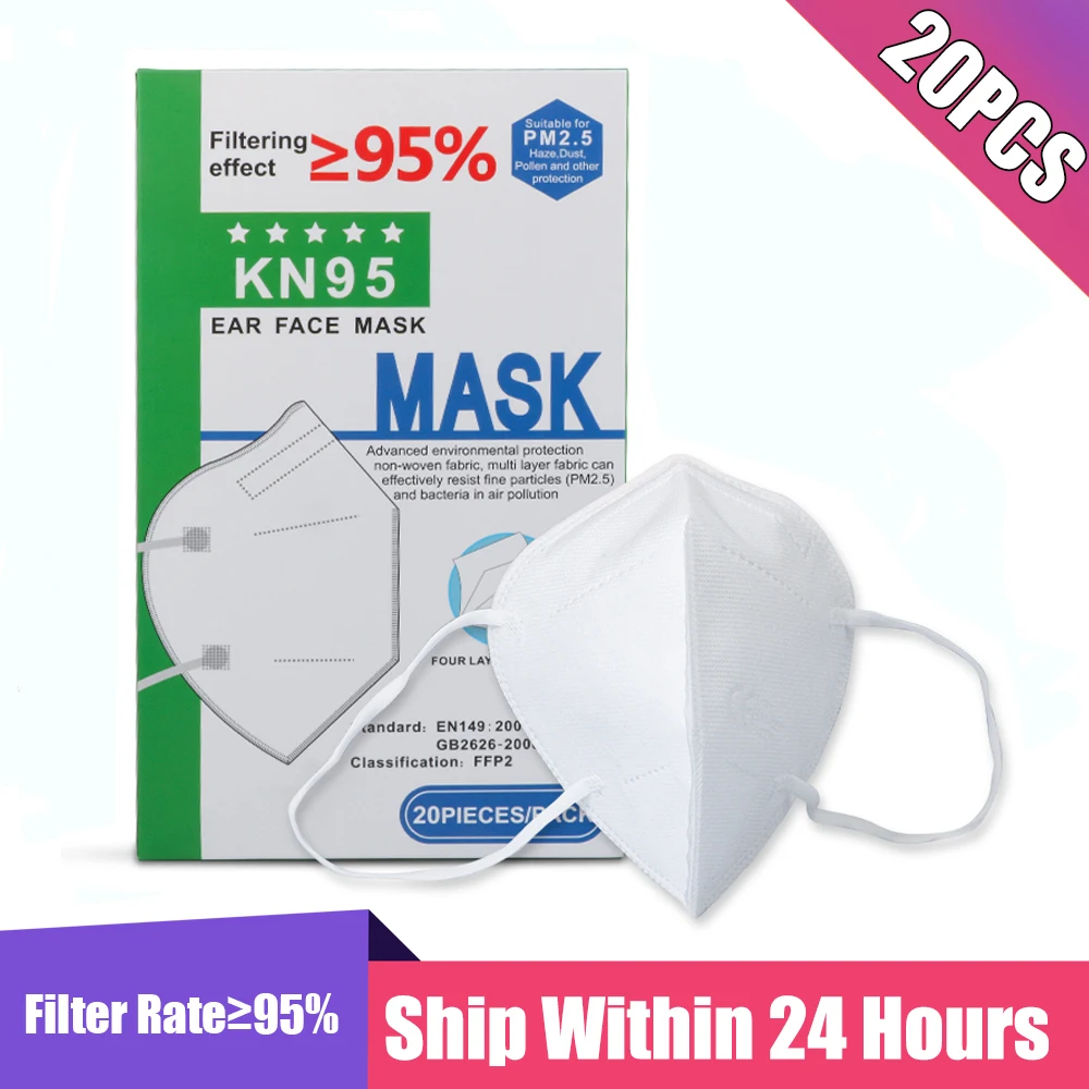 

20Pcs Anti Pollution FFP2 KN95 Mask PM2.5 Mouth Mask Dust Respirator Masks Dustproof Anti-fog And Breathable Face Mask In Stock