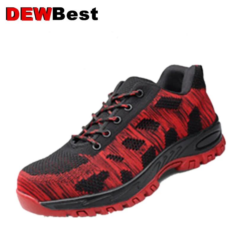 fashion ultra light breathable comfortable flying woven safety labor insurance shoes sneakers - Color: Red